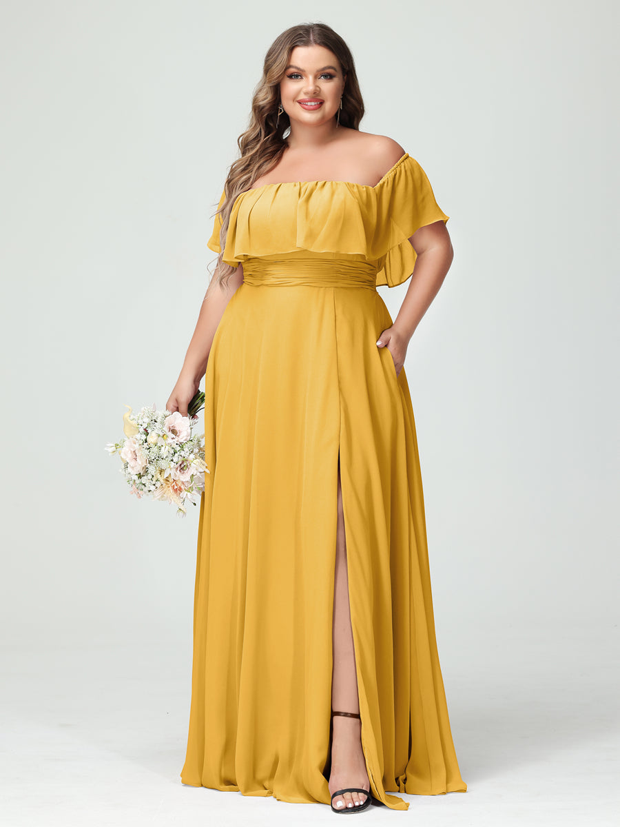 A-Line/Princess/Princess Off-the-Shoulder Short Sleeves Chiffon Plus Size Bridesmaid Dresses with Pockets & Split Side