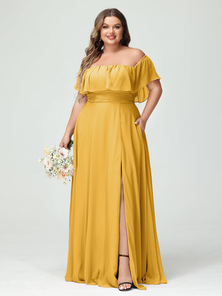 A-Line/Princess/Princess Off-the-Shoulder Short Sleeves Chiffon Plus Size Bridesmaid Dresses with Pockets & Split Side