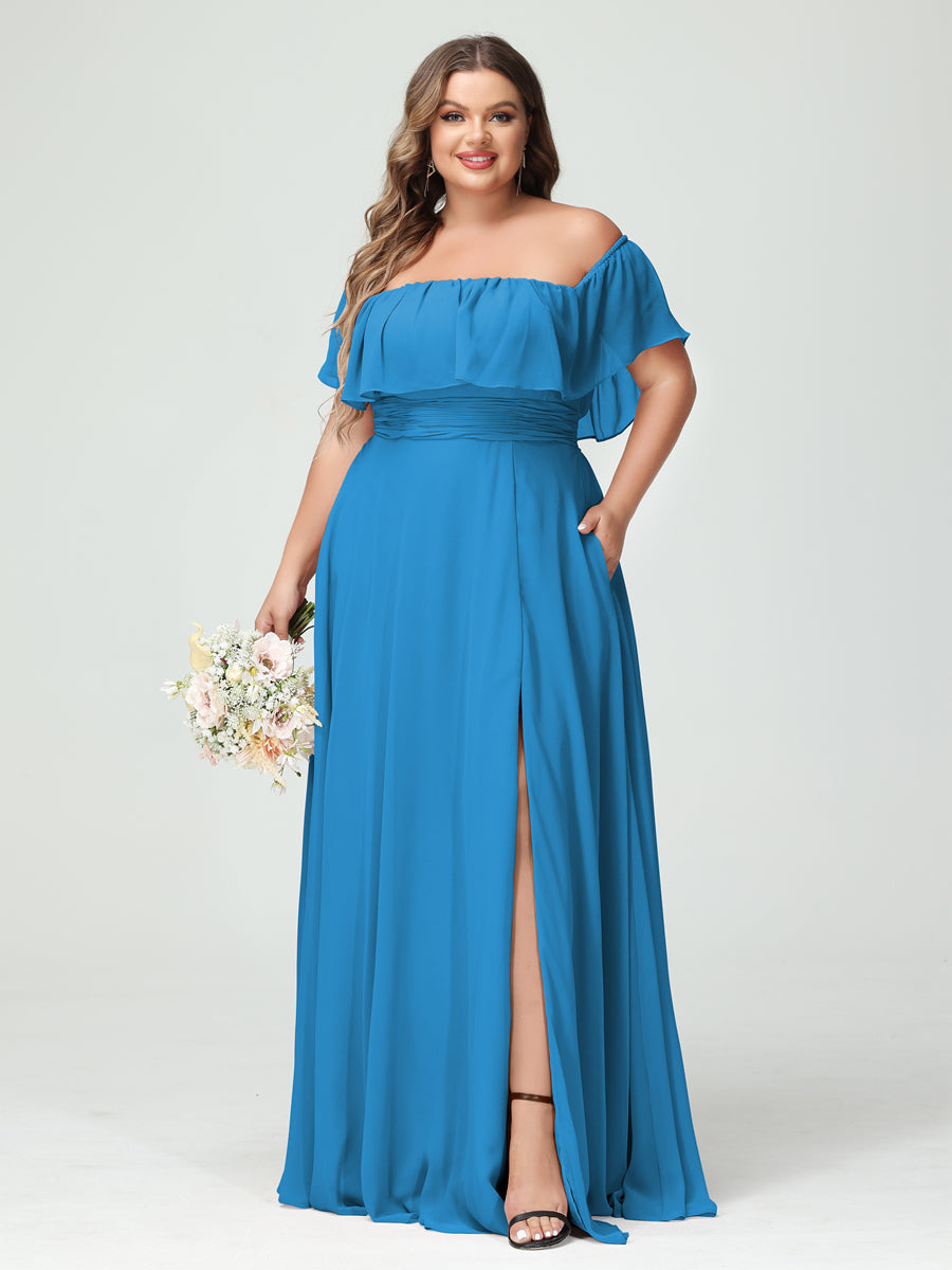 A-Line/Princess/Princess Off-the-Shoulder Short Sleeves Chiffon Plus Size Bridesmaid Dresses with Pockets & Split Side