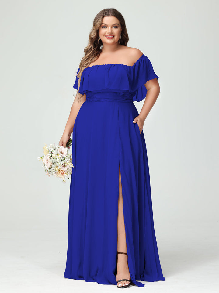 A-Line/Princess/Princess Off-the-Shoulder Short Sleeves Chiffon Plus Size Bridesmaid Dresses with Pockets & Split Side