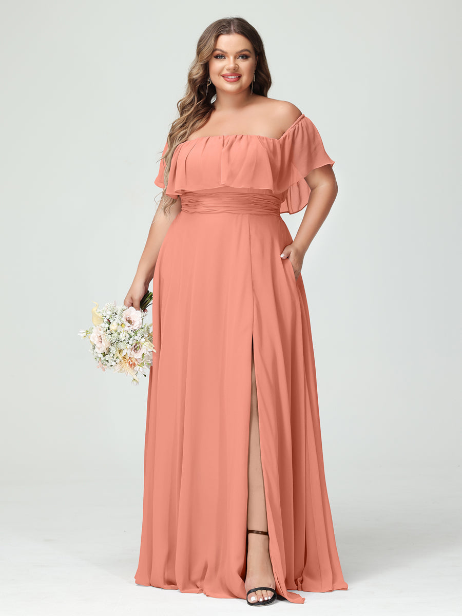 A-Line/Princess/Princess Off-the-Shoulder Short Sleeves Chiffon Plus Size Bridesmaid Dresses with Pockets & Split Side