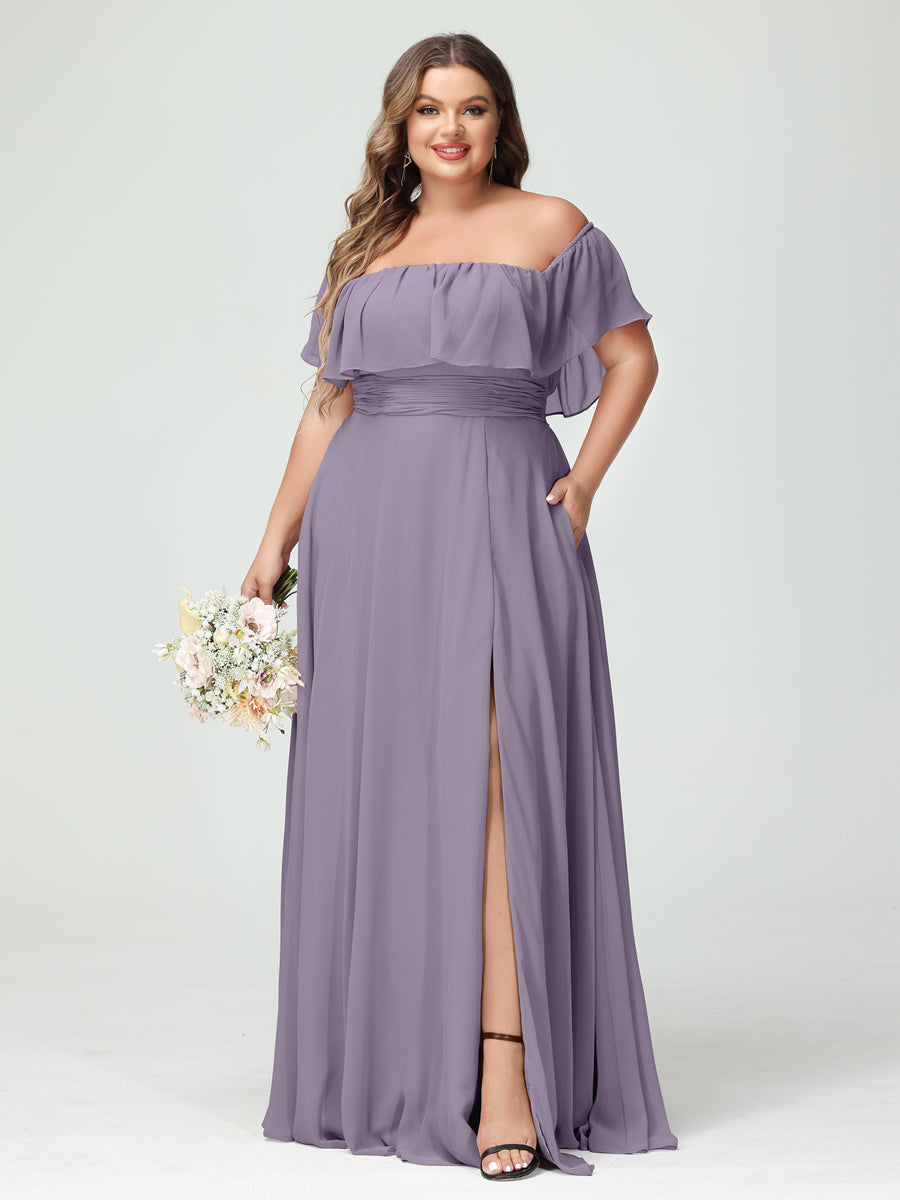 A-Line/Princess/Princess Off-the-Shoulder Short Sleeves Chiffon Plus Size Bridesmaid Dresses with Pockets & Split Side