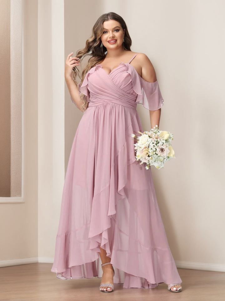 A-Line/Princess/Princess Spaghetti Straps V-Neck Short Sleeves Chiffon Asymmetrical Plus Size Bridesmaid Dresses with Ruffles