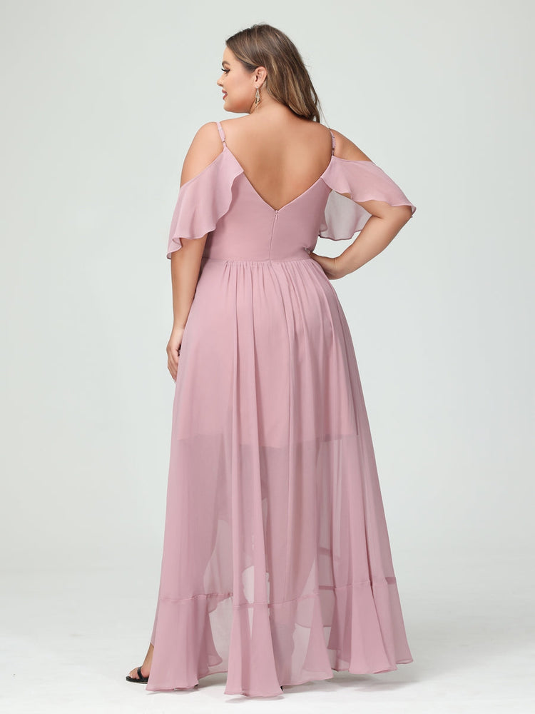 A-Line/Princess/Princess Spaghetti Straps V-Neck Short Sleeves Chiffon Asymmetrical Plus Size Bridesmaid Dresses with Ruffles