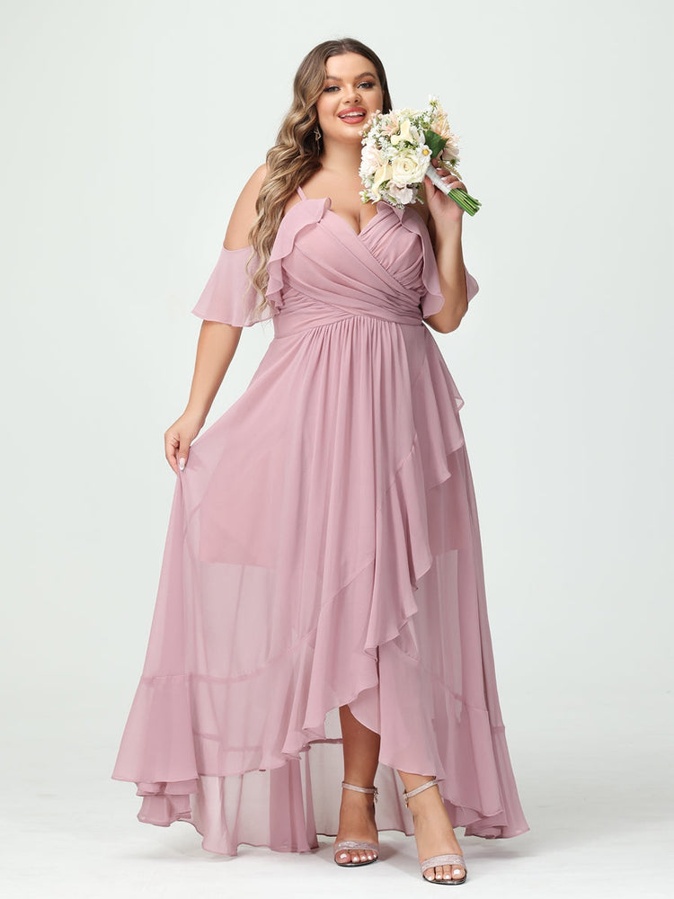 A-Line/Princess/Princess Spaghetti Straps V-Neck Short Sleeves Chiffon Asymmetrical Plus Size Bridesmaid Dresses with Ruffles