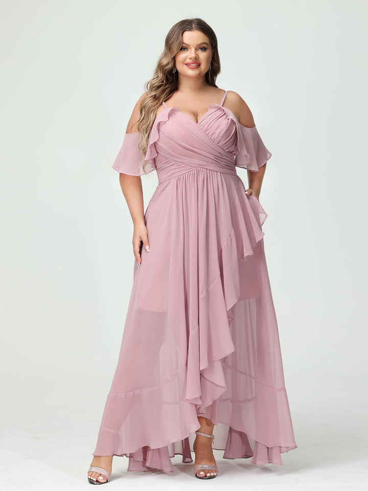 A-Line/Princess/Princess Spaghetti Straps V-Neck Short Sleeves Chiffon Asymmetrical Plus Size Bridesmaid Dresses with Ruffles