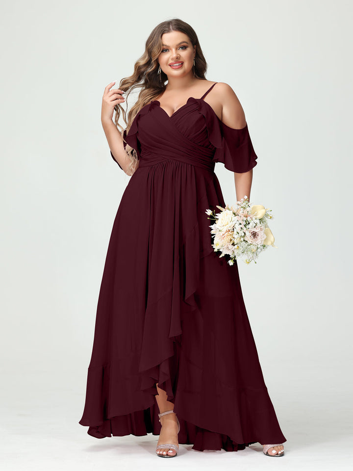 A-Line/Princess/Princess Spaghetti Straps V-Neck Short Sleeves Chiffon Asymmetrical Plus Size Bridesmaid Dresses with Ruffles