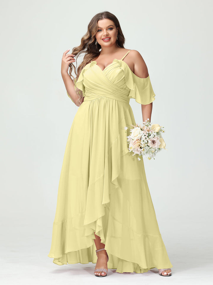 A-Line/Princess/Princess Spaghetti Straps V-Neck Short Sleeves Chiffon Asymmetrical Plus Size Bridesmaid Dresses with Ruffles