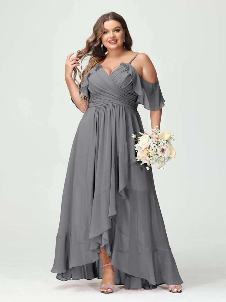 A-Line/Princess/Princess Spaghetti Straps V-Neck Short Sleeves Chiffon Asymmetrical Plus Size Bridesmaid Dresses with Ruffles