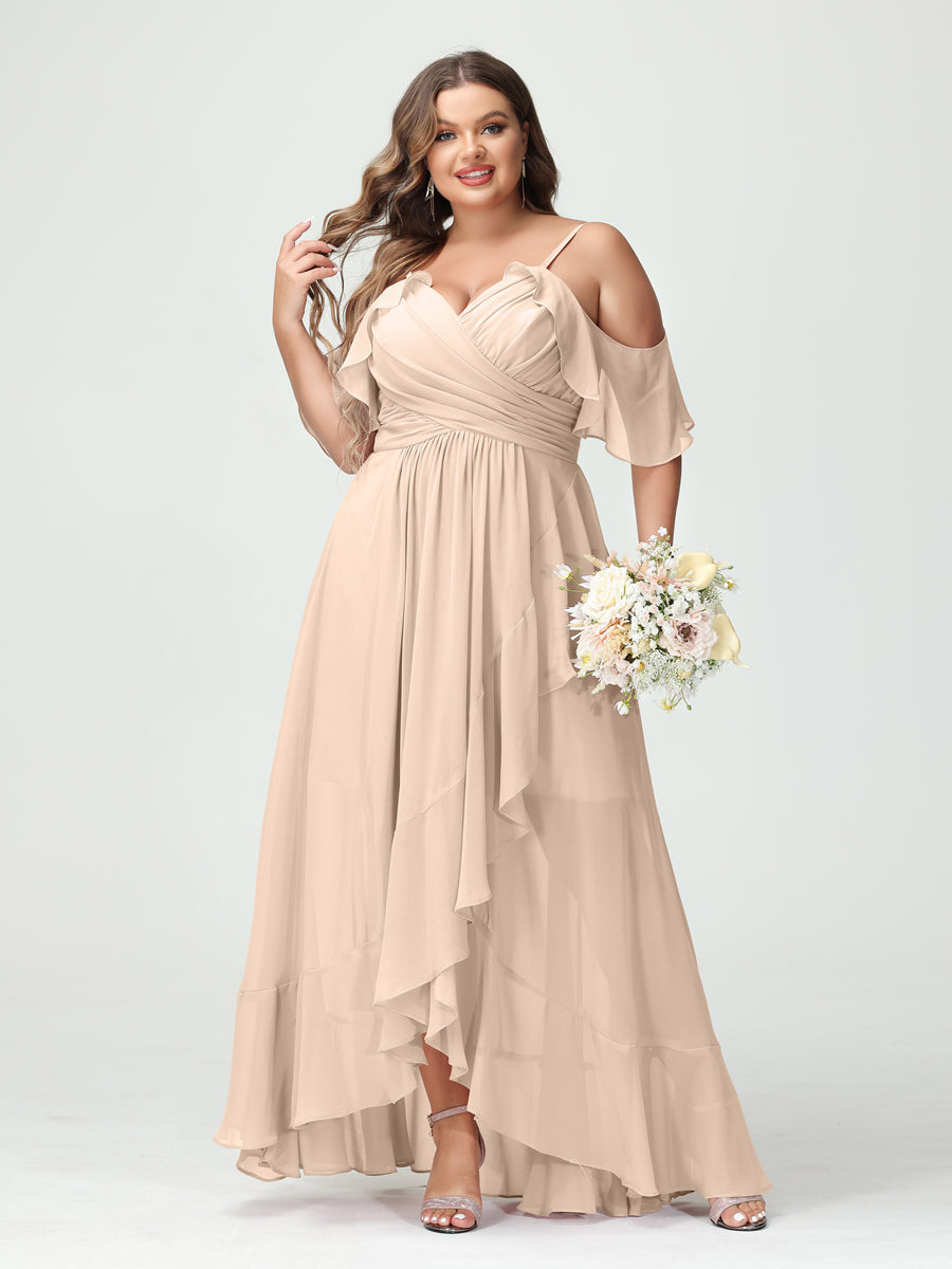 A-Line/Princess/Princess Spaghetti Straps V-Neck Short Sleeves Chiffon Asymmetrical Plus Size Bridesmaid Dresses with Ruffles