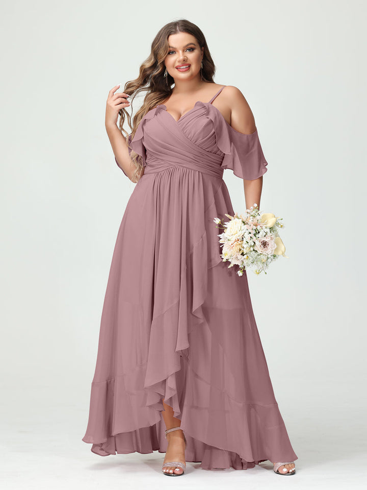 A-Line/Princess/Princess Spaghetti Straps V-Neck Short Sleeves Chiffon Asymmetrical Plus Size Bridesmaid Dresses with Ruffles