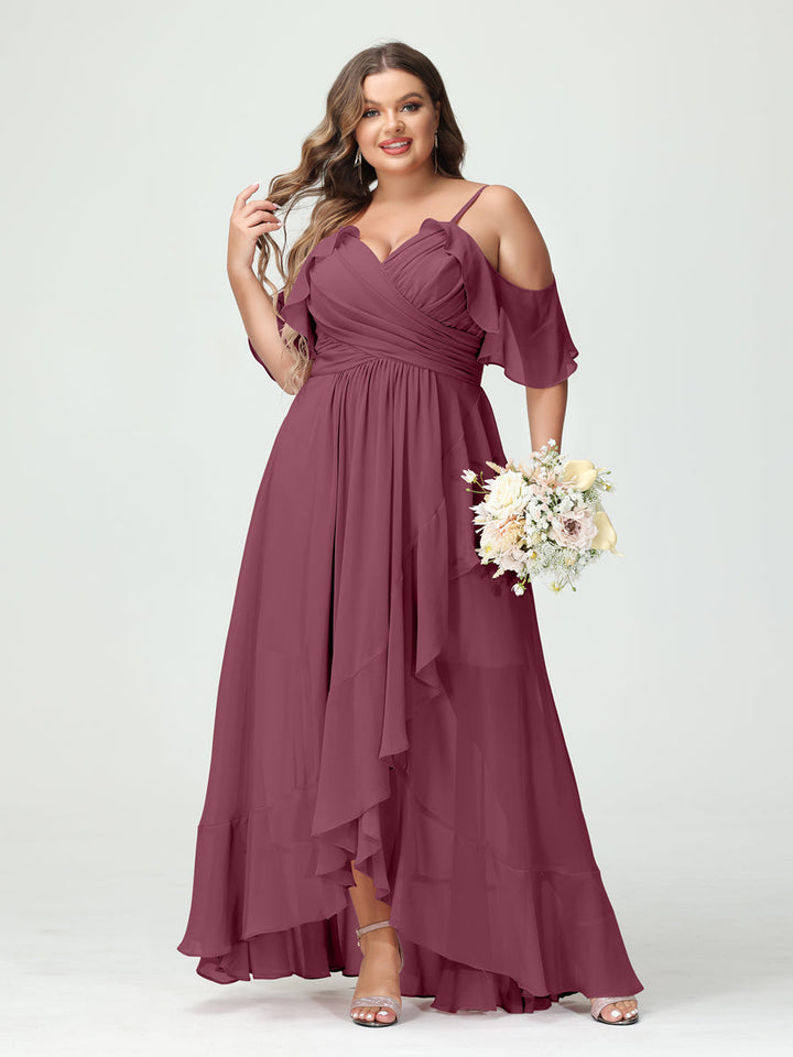 A-Line/Princess/Princess Spaghetti Straps V-Neck Short Sleeves Chiffon Asymmetrical Plus Size Bridesmaid Dresses with Ruffles