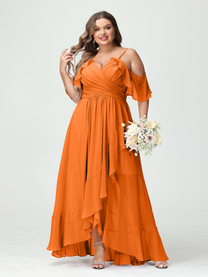 A-Line/Princess/Princess Spaghetti Straps V-Neck Short Sleeves Chiffon Asymmetrical Plus Size Bridesmaid Dresses with Ruffles