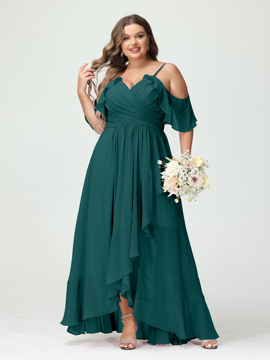 A-Line/Princess/Princess Spaghetti Straps V-Neck Short Sleeves Chiffon Asymmetrical Plus Size Bridesmaid Dresses with Ruffles