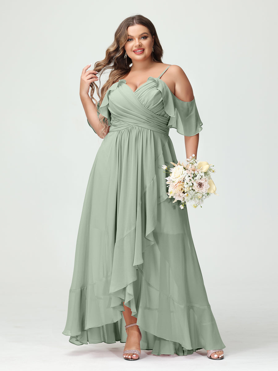 A-Line/Princess Spaghetti Straps V-Neck Short Sleeves Chiffon Asymmetrical Plus Size Bridesmaid Dresses with Ruffles