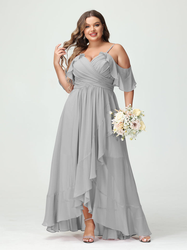 A-Line/Princess/Princess Spaghetti Straps V-Neck Short Sleeves Chiffon Asymmetrical Plus Size Bridesmaid Dresses with Ruffles