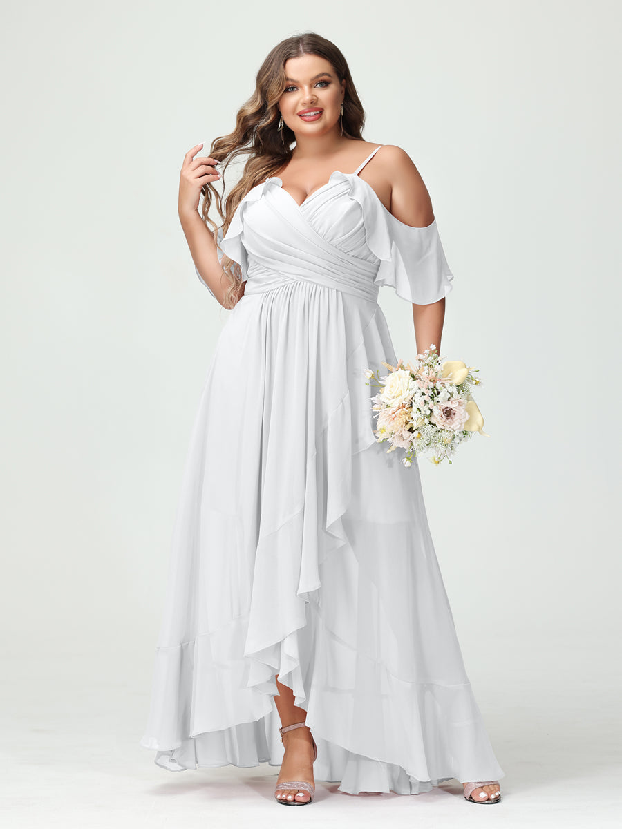 A-Line/Princess Spaghetti Straps V-Neck Short Sleeves Chiffon Asymmetrical Plus Size Bridesmaid Dresses with Ruffles