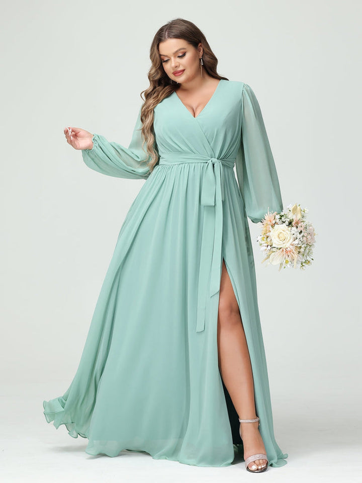 A-Line/Princess/Princess V-Neck Long Sleeves Chiffon Plus Size Bridesmaid Dresses with Pockets