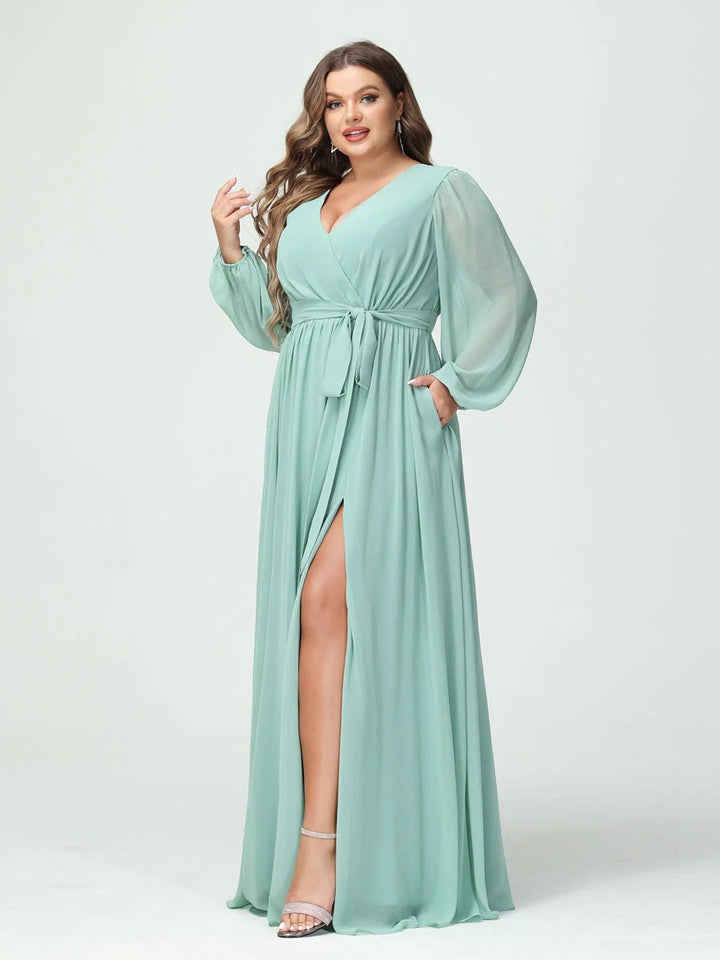 A-Line/Princess/Princess V-Neck Long Sleeves Chiffon Plus Size Bridesmaid Dresses with Pockets