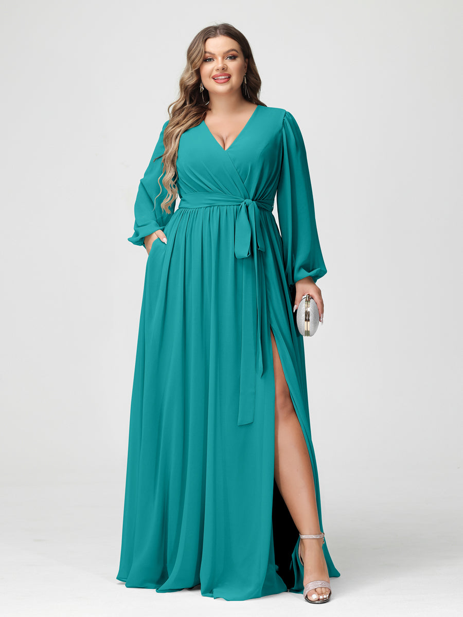 A-Line/Princess/Princess V-Neck Long Sleeves Chiffon Plus Size Bridesmaid Dresses with Pockets