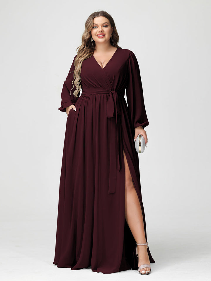 A-Line/Princess/Princess V-Neck Long Sleeves Chiffon Plus Size Bridesmaid Dresses with Pockets