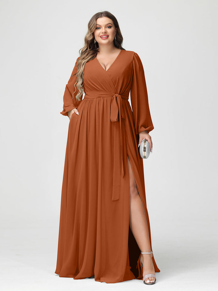 A-Line/Princess/Princess V-Neck Long Sleeves Chiffon Plus Size Bridesmaid Dresses with Pockets