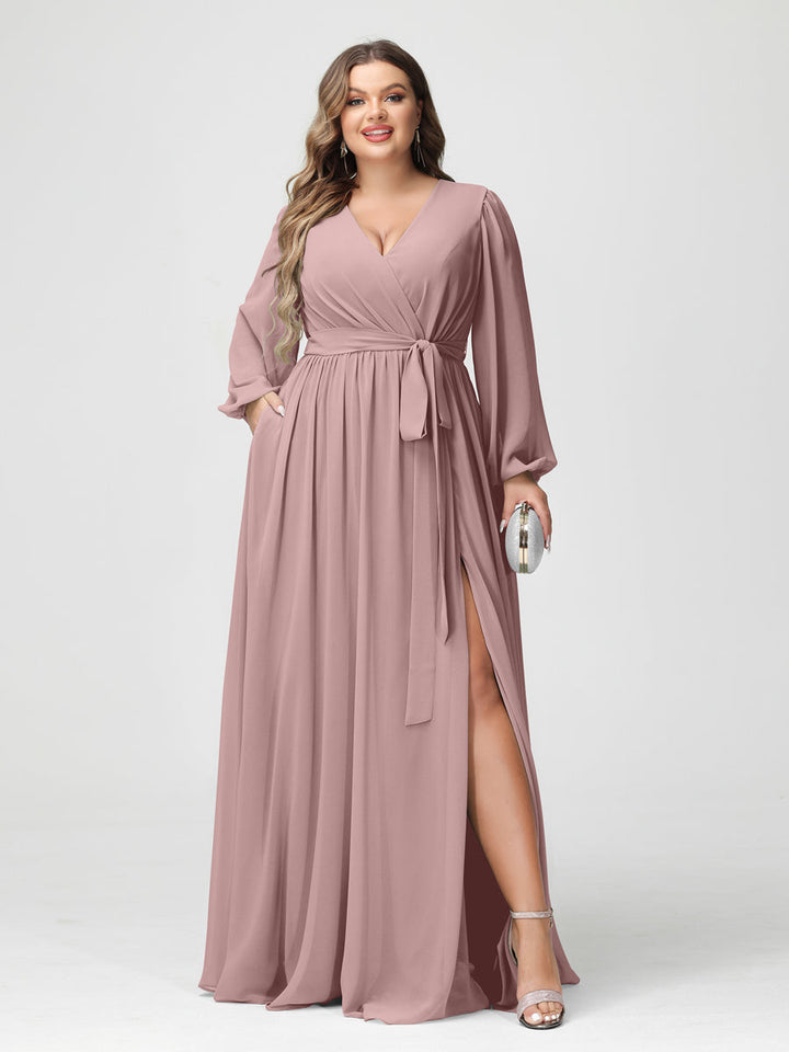 A-Line/Princess/Princess V-Neck Long Sleeves Chiffon Plus Size Bridesmaid Dresses with Pockets