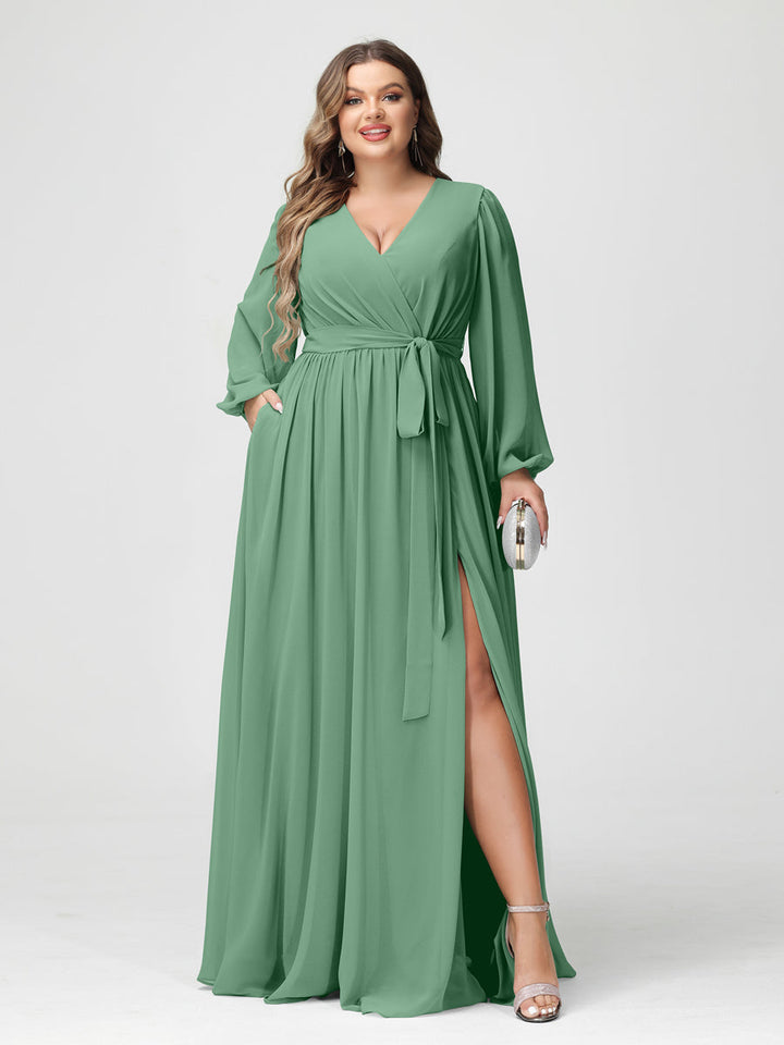 A-Line/Princess/Princess V-Neck Long Sleeves Chiffon Plus Size Bridesmaid Dresses with Pockets