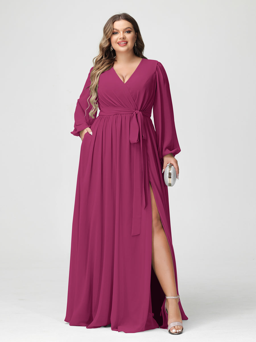 A-Line/Princess/Princess V-Neck Long Sleeves Chiffon Plus Size Bridesmaid Dresses with Pockets