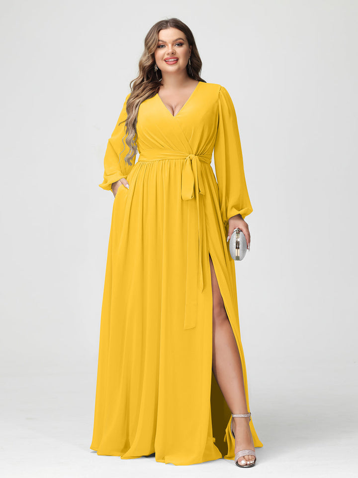 A-Line/Princess/Princess V-Neck Long Sleeves Chiffon Plus Size Bridesmaid Dresses with Pockets