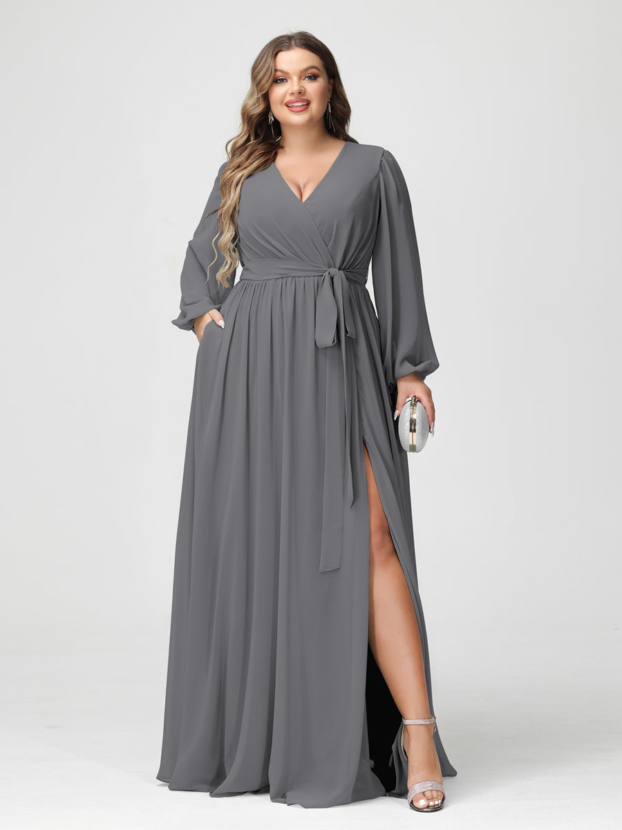 A-Line/Princess/Princess V-Neck Long Sleeves Chiffon Plus Size Bridesmaid Dresses with Pockets