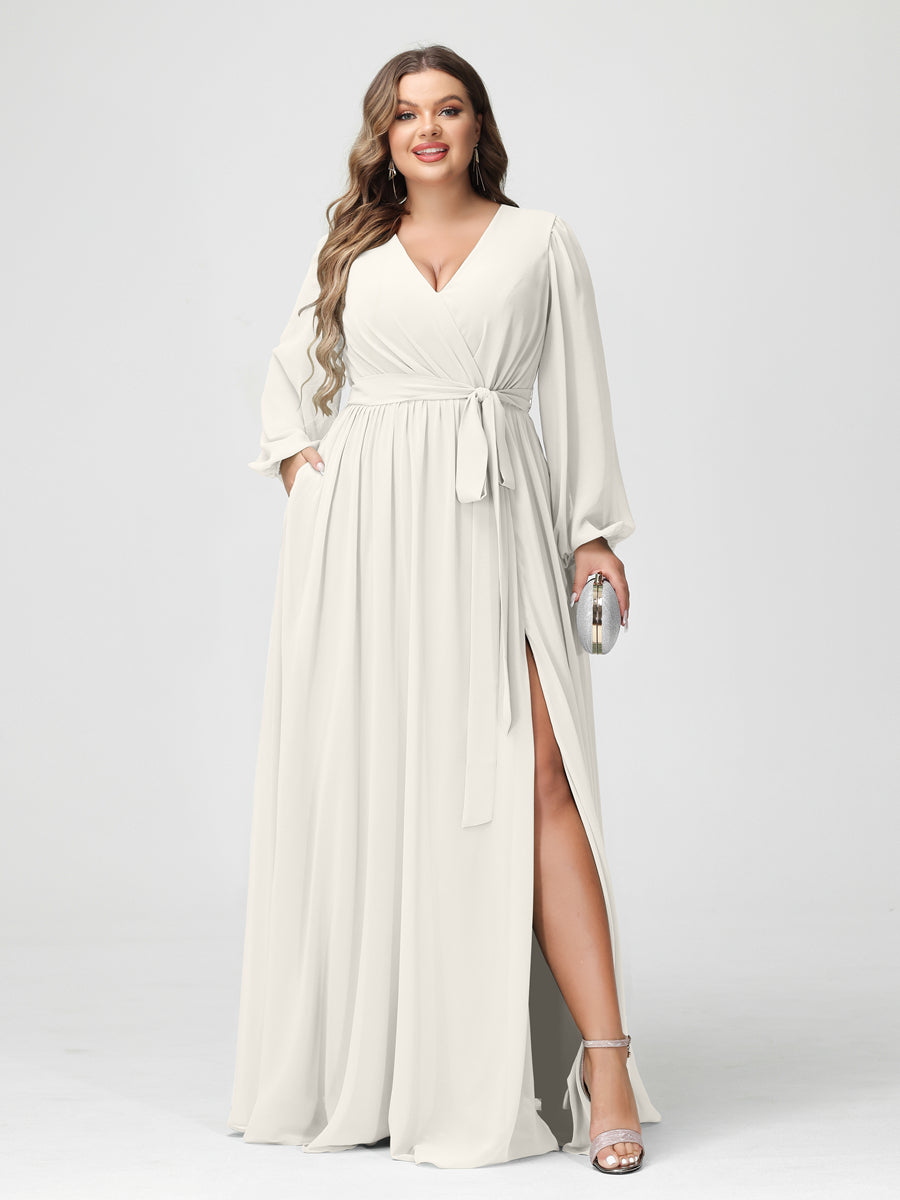 A-Line/Princess/Princess V-Neck Long Sleeves Chiffon Plus Size Bridesmaid Dresses with Pockets