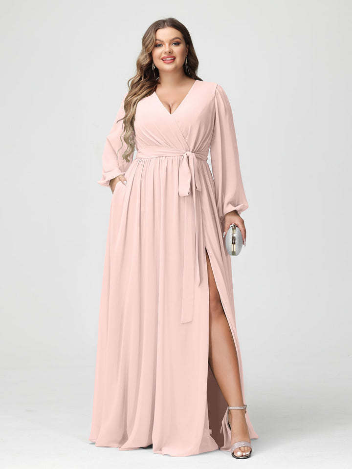 A-Line/Princess/Princess V-Neck Long Sleeves Chiffon Plus Size Bridesmaid Dresses with Pockets