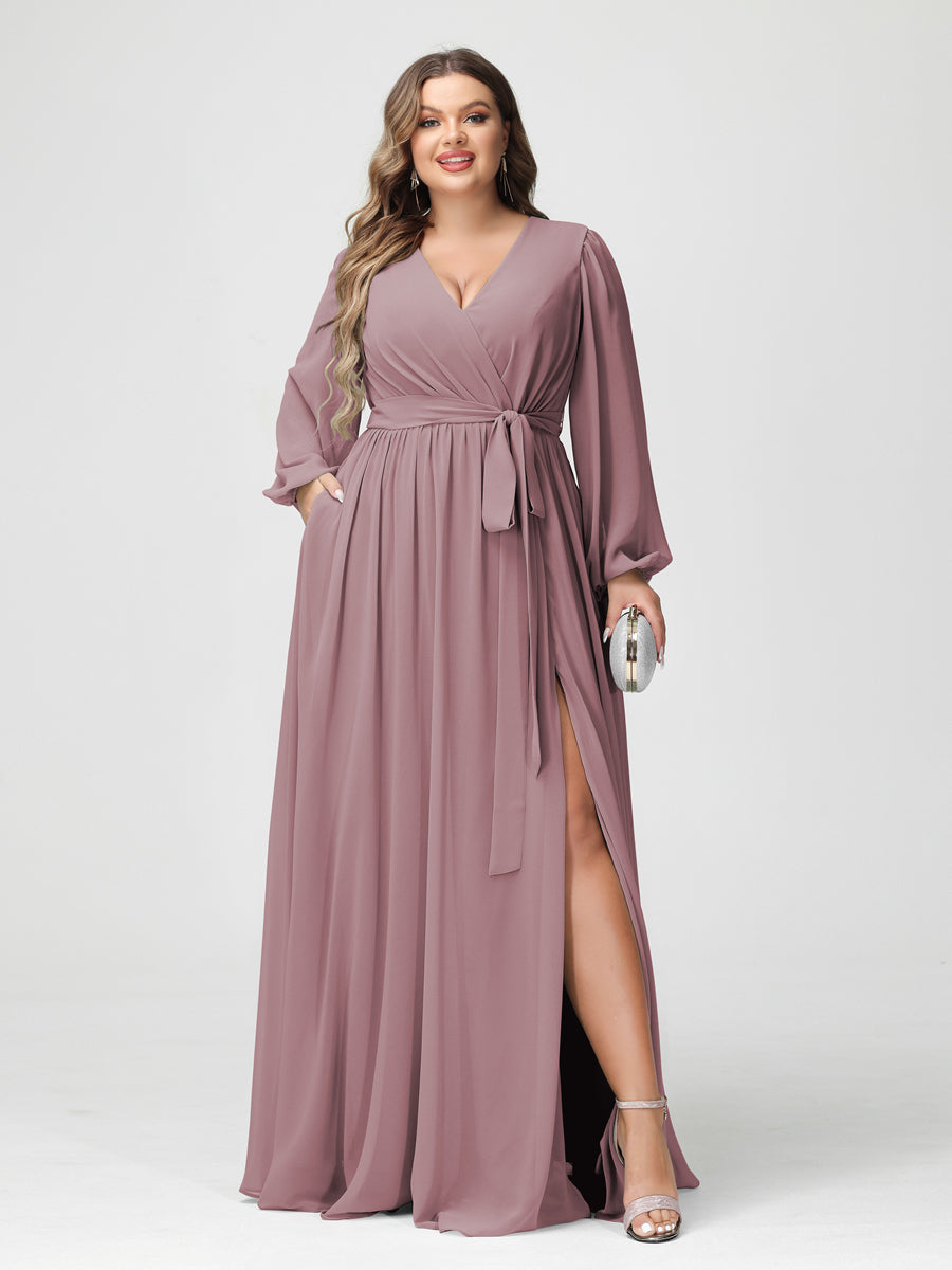 A-Line/Princess/Princess V-Neck Long Sleeves Chiffon Plus Size Bridesmaid Dresses with Pockets