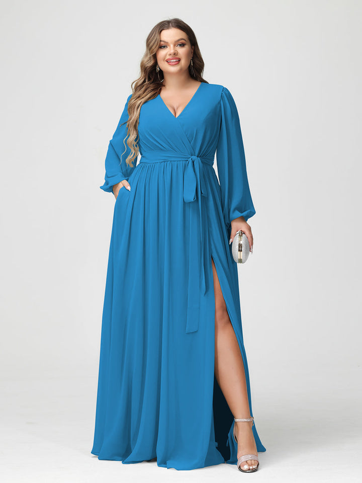 A-Line/Princess/Princess V-Neck Long Sleeves Chiffon Plus Size Bridesmaid Dresses with Pockets