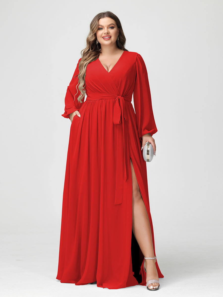 A-Line/Princess/Princess V-Neck Long Sleeves Chiffon Plus Size Bridesmaid Dresses with Pockets