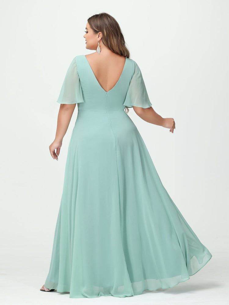 A-Line/Princess/Princess V-Neck Half Sleeves Chiffon Plus Size Bridesmaid Dresses with Pockets