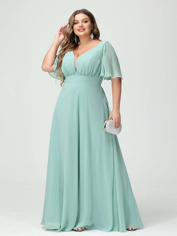 A-Line/Princess/Princess V-Neck Half Sleeves Chiffon Plus Size Bridesmaid Dresses with Pockets