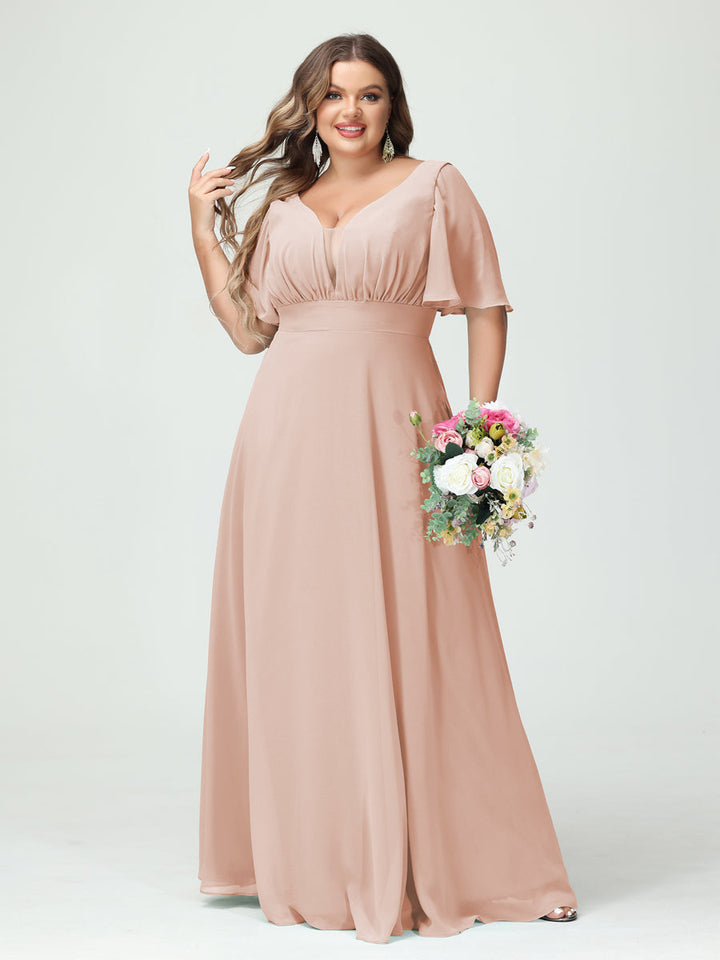 A-Line/Princess/Princess V-Neck Half Sleeves Chiffon Plus Size Bridesmaid Dresses with Pockets