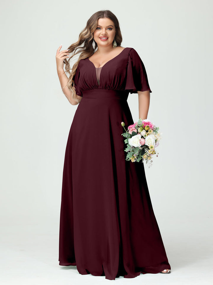 A-Line/Princess/Princess V-Neck Half Sleeves Chiffon Plus Size Bridesmaid Dresses with Pockets