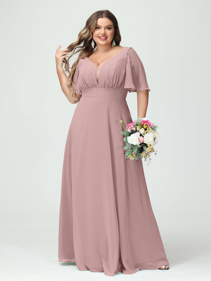 A-Line/Princess/Princess V-Neck Half Sleeves Chiffon Plus Size Bridesmaid Dresses with Pockets