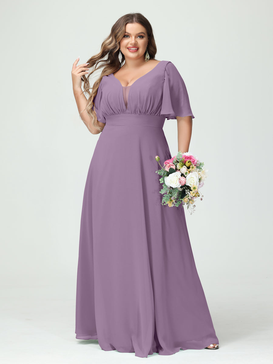 A-Line/Princess/Princess V-Neck Half Sleeves Chiffon Plus Size Bridesmaid Dresses with Pockets