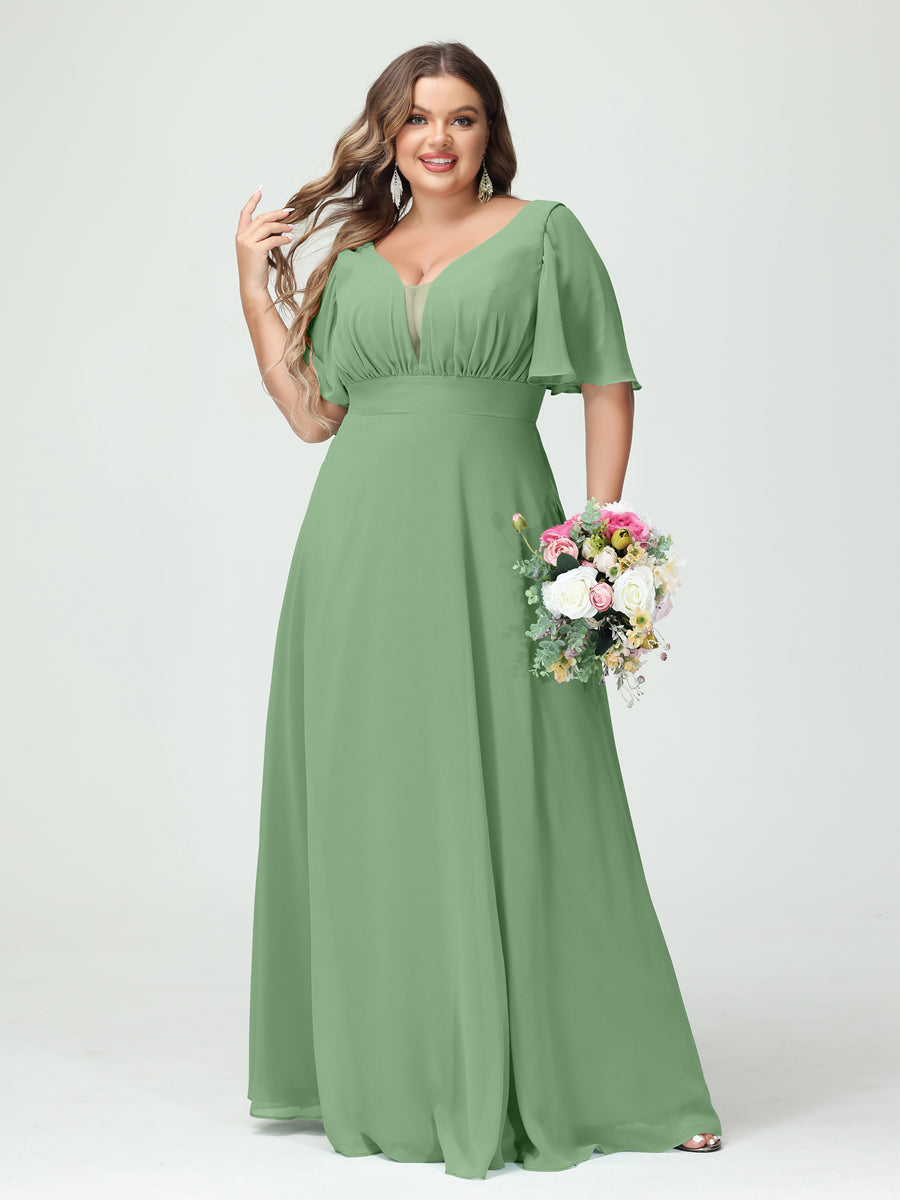 A-Line/Princess/Princess V-Neck Half Sleeves Chiffon Plus Size Bridesmaid Dresses with Pockets