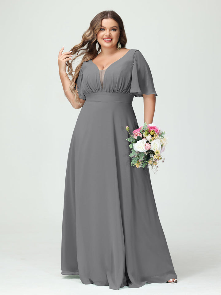 A-Line/Princess/Princess V-Neck Half Sleeves Chiffon Plus Size Bridesmaid Dresses with Pockets