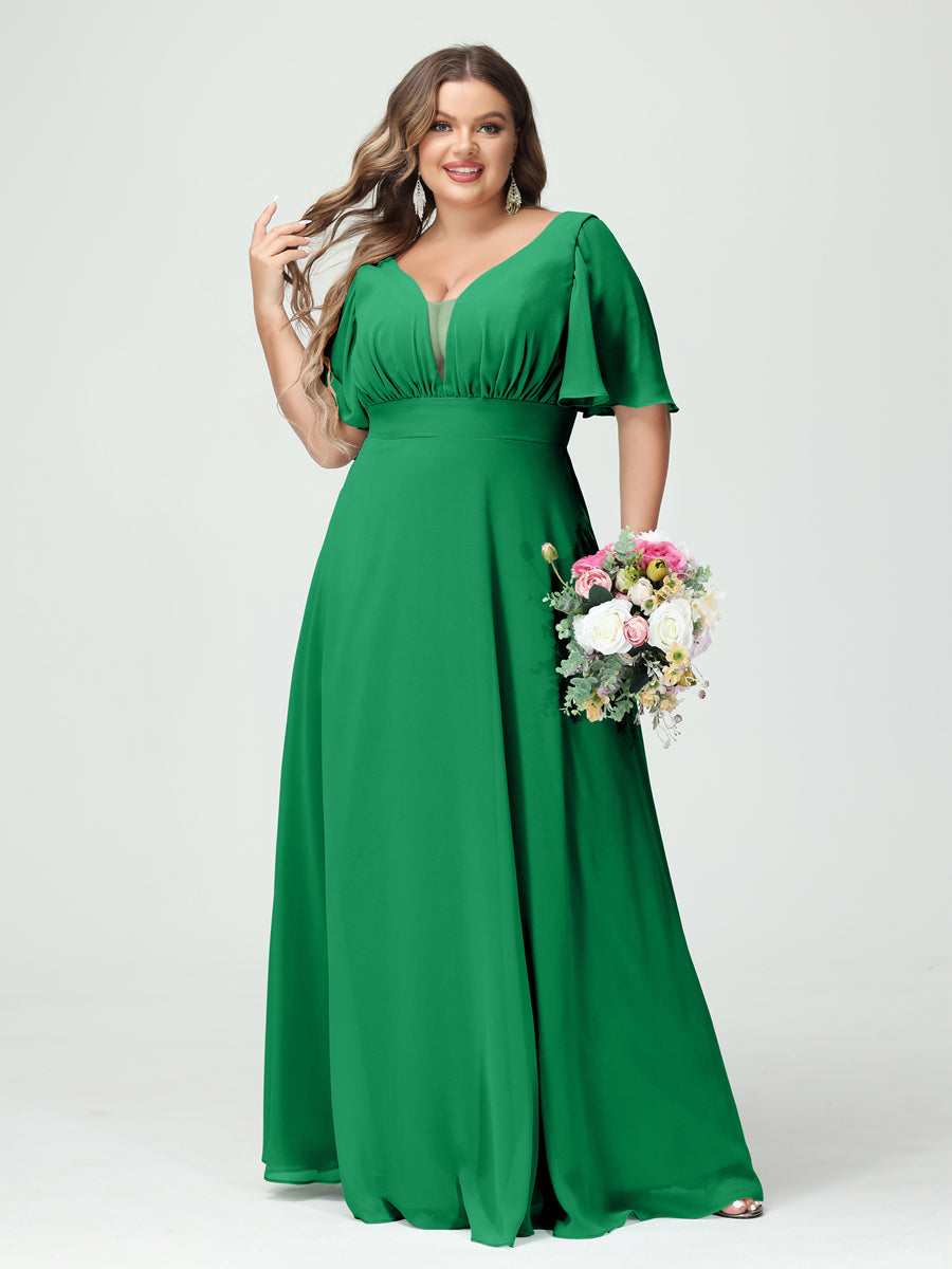 A-Line/Princess/Princess V-Neck Half Sleeves Chiffon Plus Size Bridesmaid Dresses with Pockets