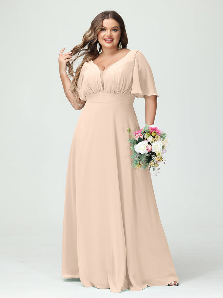 A-Line/Princess/Princess V-Neck Half Sleeves Chiffon Plus Size Bridesmaid Dresses with Pockets