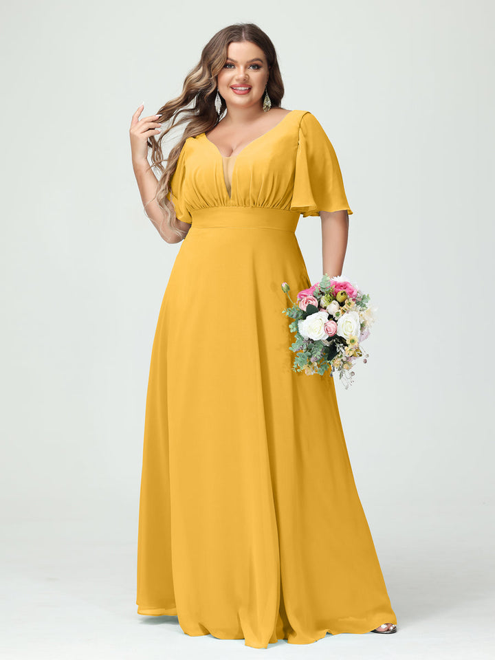 A-Line/Princess/Princess V-Neck Half Sleeves Chiffon Plus Size Bridesmaid Dresses with Pockets