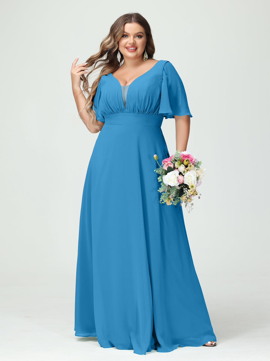 A-Line/Princess/Princess V-Neck Half Sleeves Chiffon Plus Size Bridesmaid Dresses with Pockets