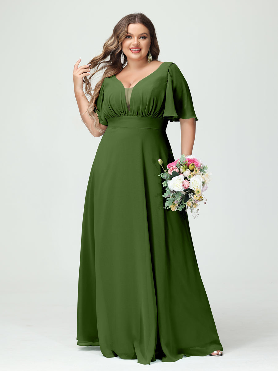 A-Line/Princess/Princess V-Neck Half Sleeves Chiffon Plus Size Bridesmaid Dresses with Pockets