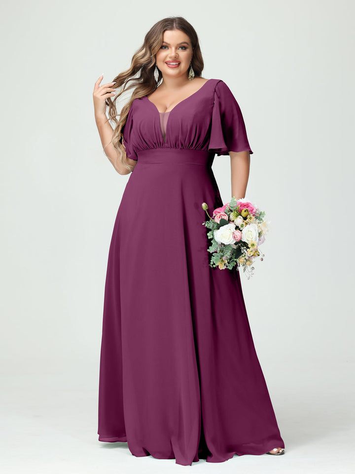 A-Line/Princess/Princess V-Neck Half Sleeves Chiffon Plus Size Bridesmaid Dresses with Pockets